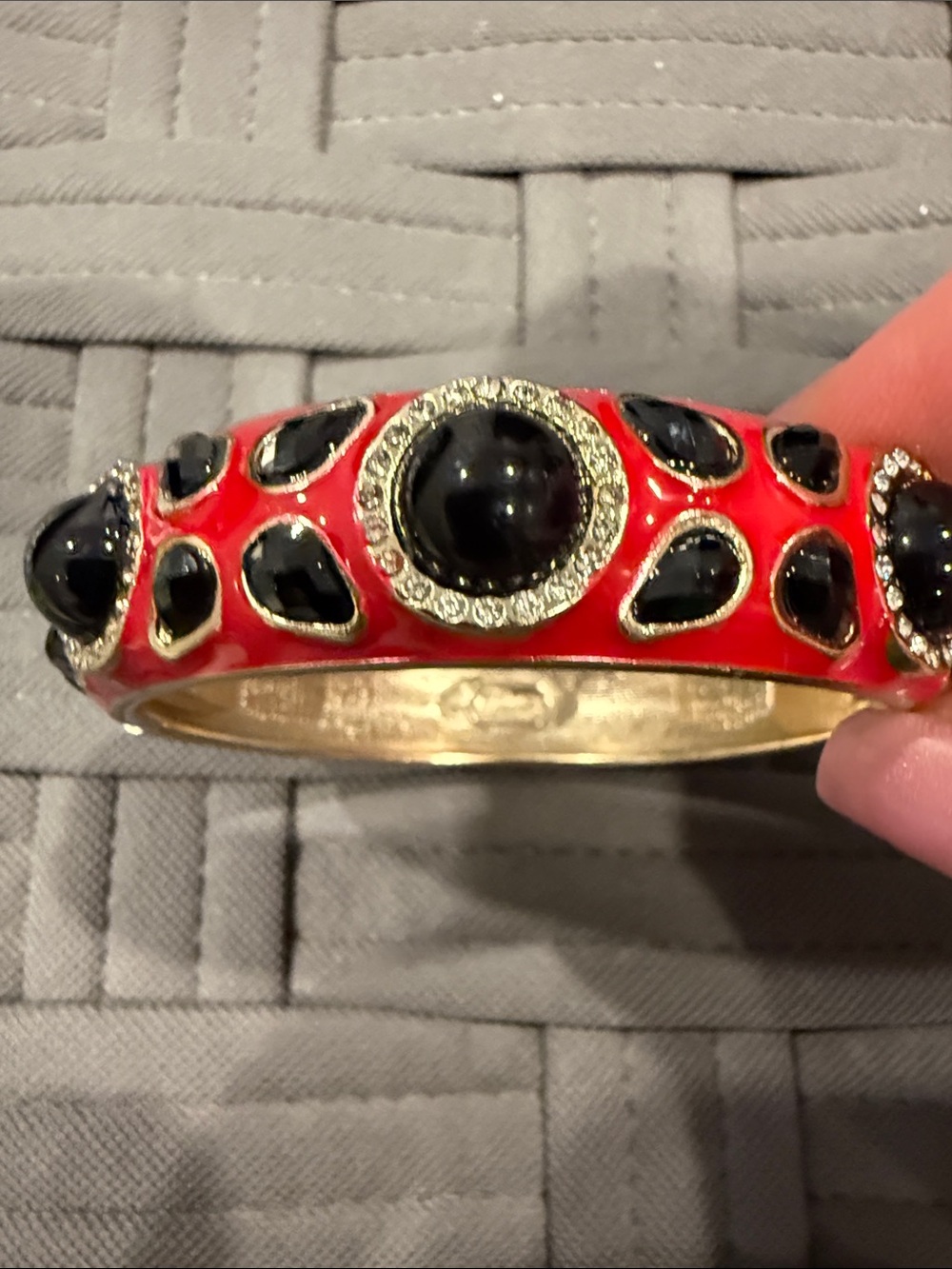 Red Enamel Bracelet with Black Cabochons and Gold Trim